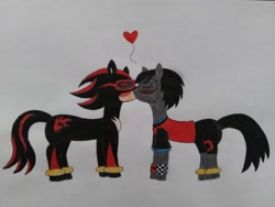 Size: 3264x2448 | Tagged: safe, artist:superfoxyhedgehog, imported from derpibooru, oc, oc:gia, earth pony, pony, clothes, eyes closed, glasses, heart, kissing, non-mlp oc, non-mlp shipping, ponified, rule 85, shadow the hedgehog, shipping, sonic the hedgehog (series)