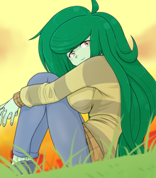 Size: 1585x1799 | Tagged: safe, artist:batipin, imported from derpibooru, wallflower blush, human, equestria girls, breasts, busty wallflower blush, clothes, female, freckles, grass, grass field, looking at you, outdoors, pants, shoes, sitting, sky, smiling, smiling at you, solo, solo female, sunset, sweater, sweater puppies