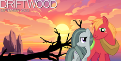 Size: 2064x1049 | Tagged: safe, artist:dashiesparkle, artist:jhayarr23, artist:not-yet-a-brony, imported from derpibooru, big macintosh, marble pie, earth pony, 2023, bittersweet, cloud, driftwood, female, friends, friendship, heartwarming, implied sugarmac, just friends, looking at each other, looking at someone, lyrics in the description, male, mare, not shipping, ocean, platonic, rock, september, ship sinking, smiling, smiling at each other, song in the description, song reference, stallion, sun, translated in the description, tree, tree branch, water, youtube link in the description