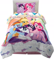 Size: 1569x1726 | Tagged: safe, imported from derpibooru, applejack, fluttershy, pinkie pie, rainbow dash, rarity, twilight sparkle, alicorn, bed, bedding, group hug, hug, mane six, merchandise, pillow, simple background, twilight sparkle (alicorn), white background