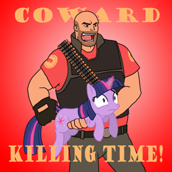 Size: 2000x2000 | Tagged: safe, artist:jinglesrasco, imported from derpibooru, twilight sparkle, human, pony, unicorn, crossover, female, glowing, glowing horn, heavy weapons guy, high res, holding a pony, horn, male, mare, tail, tail pull, team fortress 2, text, twigun, unicorn twilight