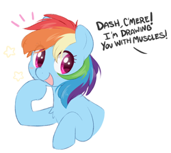 Size: 690x619 | Tagged: safe, artist:higgly-chan, imported from derpibooru, rainbow dash, pegasus, pony, blushing, bust, dialogue, female, looking offscreen, mare, no context, offscreen character, open mouth, raised hoof, simple background, smiling, solo, white background, wingless