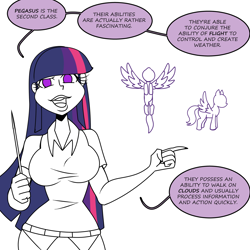 Size: 1500x1500 | Tagged: safe, artist:chillguydraws, imported from derpibooru, twilight sparkle, human, pegasus, pony, breasts, busty twilight sparkle, dialogue, female, humanized, partial color, pointer, simple background, solo, speech bubble, talking to viewer, white background