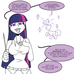 Size: 1500x1500 | Tagged: safe, artist:chillguydraws, imported from derpibooru, twilight sparkle, human, pony, unicorn, breasts, busty twilight sparkle, dialogue, female, hand on chest, humanized, looking at you, magic, simple background, solo, speech bubble, talking to viewer, white background