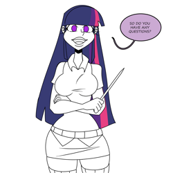 Size: 1500x1500 | Tagged: safe, artist:chillguydraws, imported from derpibooru, twilight sparkle, human, breasts, busty twilight sparkle, crossed arms, dialogue, humanized, looking at you, partial color, pointer, simple background, solo, speech bubble, talking to viewer, white background