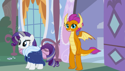 Size: 800x453 | Tagged: safe, edit, edited screencap, imported from derpibooru, screencap, rarity, smolder, dragon, unicorn, alternate universe, assistant, older, older rarity, older smolder