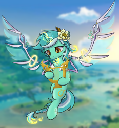 Size: 828x894 | Tagged: safe, artist:brella, imported from derpibooru, lyra heartstrings, pony, unicorn, female, flower, flower in hair, genshin impact, lyre, mare, musical instrument, solo, venti (genshin impact), wings