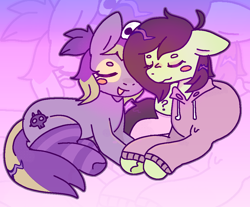 Size: 1048x866 | Tagged: safe, imported from derpibooru, oc, oc only, oc:filly anon, oc:skull, clothes, cute, female, filly, gradient background, hoodie, snuggling, socks, striped socks, zoom layer