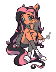 Size: 749x961 | Tagged: safe, artist:fluttershyes, imported from derpibooru, fluttershy, anthro, pegasus, plantigrade anthro, cigarette, clothes, converse, ear piercing, earring, emoshy, female, frown, hand on chin, jewelry, mare, piercing, shoes, simple background, sitting, sneakers, solo, transparent background