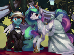 Size: 4200x3120 | Tagged: safe, artist:egil, imported from derpibooru, princess celestia, oc, oc:jungle trek, alicorn, earth pony, pony, canon x oc, clothes, dress, marriage, shipping, tuxedo, wedding dress