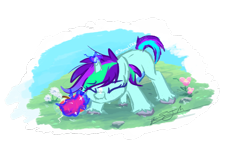 Size: 2581x1589 | Tagged: safe, artist:slightningdash, imported from derpibooru, oc, oc:ultra violet, pony, unicorn, apple, background, eyes closed, female, filly, flower, foal, food, herbivore, levitation, magic, nose wrinkle, rock, scrunchy face, sparkles, squint, telekinesis