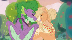 Size: 800x447 | Tagged: safe, artist:fidgetcubepony, imported from derpibooru, applejack, spike, dragon, earth pony, pony, adult, adult spike, applespike, clothes, female, granny smith's shawl, male, mare, needs more jpeg, nuzzling, older, older spike, scarf, screencap background, shipping, straight, winged spike, wings