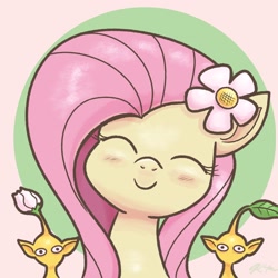 Size: 2048x2048 | Tagged: safe, artist:catscratchpaper, imported from derpibooru, fluttershy, pegasus, pikmin, pony, blushing, bust, cute, eyes closed, female, flower, flower in hair, looking at you, mare, one of these things is not like the others, pikmin (series), shyabetes, smiling, smiling at you, yellow pikmin