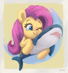 Size: 2510x2700 | Tagged: safe, artist:aemuhn, imported from derpibooru, fluttershy, pegasus, pony, shark, blåhaj, cuddling, cute, female, happy, ikea, mare, one eye closed, plushie, shark plushie, shyabetes, smiling, solo