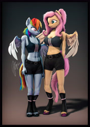 Size: 4000x5656 | Tagged: safe, artist:imafutureguitarhero, imported from derpibooru, fluttershy, rainbow dash, anthro, pegasus, unguligrade anthro, abs, absurd resolution, adidas, arm fluff, belly button, belt, boots, border, bra, breast envy, breast size difference, breasts, cheek fluff, chest fluff, chin fluff, chromatic aberration, cleavage, cleavage fluff, clothes, colored eyebrows, colored eyelashes, colored wings, crop top bra, cute, cute little fangs, delicious flat chest, duo, ear fluff, ear freckles, elbow fluff, fangs, female, film grain, fluffy, fluffy hair, fluffy mane, fluffy tail, flutterdash, freckles, freckleshy, fur, hands behind back, height difference, hoof fluff, leather, leather boots, leg fluff, leg freckles, lesbian, long hair, long mane, long tail, mare, medium support, meme, midriff, multicolored hair, multicolored mane, multicolored tail, neck fluff, nose wrinkle, open mouth, pants, partially open wings, ponytail, rainbow flat, revamped anthros, revamped ponies, shadow, shipping, shoes, shorts, shoulder fluff, shoulder freckles, shyabetes, signature, smiling, sports bra, tail, two toned wings, underwear, unshorn fetlocks, vertical, wall of tags, wing fluff, wings