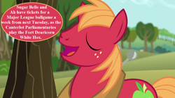 Size: 1280x720 | Tagged: safe, edit, edited screencap, imported from derpibooru, screencap, big macintosh, earth pony, pony, baseball, cute, horse collar, implied sugar belle, macabetes, male, solo, speech, speech bubble, sports, stallion, sweet apple acres, talking, tree