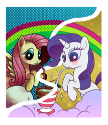 Size: 1271x1476 | Tagged: safe, artist:fofurastro, artist:marhafka, imported from derpibooru, fluttershy, rainbow dash, pegasus, pony, unicorn, blushing, collaboration, drink, drinking, drinking straw, duo, female, mare, rainbow