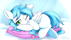 Size: 1920x1080 | Tagged: safe, artist:dshou, imported from derpibooru, oc, oc only, oc:bright heart, pegasus, pony, blank flank, cute, lying down, on side, one ear down, one eye closed, pegasus oc, pillow, solo, wings