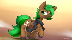 Size: 1920x1080 | Tagged: safe, artist:dshou, imported from derpibooru, oc, oc only, oc:jaeger sylva, earth pony, pony, bag, clothes, commission, earth pony oc, frown, looking at you, raised hoof, saddle bag, scarf, solo, unshorn fetlocks