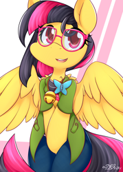 Size: 2000x2800 | Tagged: safe, artist:dshou, imported from derpibooru, oc, oc only, pegasus, pony, abstract background, adorkable, bell, cat bell, clothes, cute, dork, glasses, high res, open mouth, sitting, smiling, solo