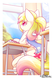 Size: 1400x2070 | Tagged: safe, artist:dshou, imported from derpibooru, oc, oc only, oc:love note, earth pony, pony, chair, classroom, clothes, desk, female, heart, heart eyes, journal, looking out the window, mare, passepartout, ponytail, scenery, school, smiling, solo, wingding eyes