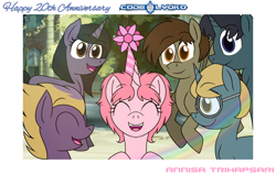 Size: 2406x1525 | Tagged: safe, artist:tanahgrogot, imported from derpibooru, alicorn, pegasus, pony, unicorn, aelita schaeffer, anniversary, code lyoko, crossover, eyes closed, female, glasses, group, hat, ibispaint x, jeremy belpois, male, mare, odd della robbia, open mouth, open smile, party hat, ponified, smiling, stallion, ulrich stern, william dunbar, yumi ishiyama