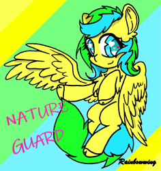 Size: 2450x2592 | Tagged: safe, artist:rainbowwing, imported from derpibooru, oc, oc:nature guard, pegasus, pony, chest fluff, ear fluff, signature, simple background, solo, spread wings, wings