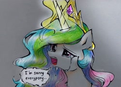 Size: 2477x1771 | Tagged: safe, artist:liaaqila, imported from derpibooru, princess celestia, alicorn, pony, crying, diadem, female, jewelry, mare, open mouth, regalia, text