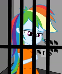 Size: 1213x1448 | Tagged: safe, imported from derpibooru, rainbow dash, human, equestria girls, clothes, defeat, defeated, failure, implied jailbait, implied prisoner, jail, jail cell, jailbait, prison, prison cell, prison outfit, prisoner, prisoner rd, sad, tally marks