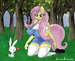 Size: 1972x1600 | Tagged: safe, imported from derpibooru, angel bunny, fluttershy, anthro, pegasus, plantigrade anthro, rabbit, animal, big breasts, breasts, busty fluttershy, clothes, female, flower, forest, kneeling, overalls