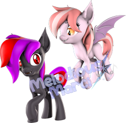 Size: 2170x2129 | Tagged: safe, artist:melodiousmarci, imported from derpibooru, oc, oc only, oc:alum orchid, oc:strawberry gleam, bat pony, pony, 3d, duo, female, flying, high res, lesbian, looking at each other, looking at someone, obtrusive watermark, oc x oc, shipping, simple background, source filmmaker, transparent background, watermark