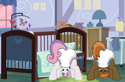 Size: 4000x2646 | Tagged: safe, artist:csillaghullo, artist:scribe-feather, edit, imported from derpibooru, button mash, sweetie belle, crib, crib mobile, diaper, looking at you, plushie