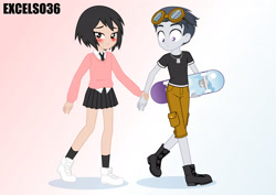 Size: 3508x2480 | Tagged: safe, artist:excelso36, imported from derpibooru, rumble, equestria girls, blushing, holding hands, peni parker, skateboard