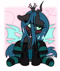 Size: 3000x3546 | Tagged: safe, artist:befish, artist:befishproductions, imported from derpibooru, queen chrysalis, changeling, changeling queen, blushing, clothes, collar, cute, cutealis, female, high res, passepartout, sitting, socks, solo, striped socks