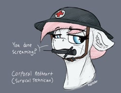 Size: 2112x1631 | Tagged: safe, artist:reddthebat, imported from derpibooru, nurse redheart, earth pony, pony, bust, dialogue, ear fluff, eye clipping through hair, female, floppy ears, helmet, lidded eyes, mare, medic, mouth hold, redd's great war universe, solo, syringe, talking to viewer, unamused