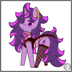 Size: 2000x2000 | Tagged: safe, artist:dice-warwick, imported from derpibooru, oc, oc only, oc:fizzy fusion pop, pony, unicorn, bag, beauty mark, butt freckles, choker, clothes, ear piercing, earring, female, fishnets, freckles, heart, heart eyes, highlights, jewelry, long mane, long tail, mare, messy mane, panties, piercing, pink panties, simple background, socks, solo, stockings, tail, thigh highs, transparent background, underwear, wingding eyes