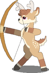 Size: 636x944 | Tagged: safe, artist:minus, derpibooru exclusive, imported from derpibooru, oc, oc only, oc:hebe, deer, 2022, antlers, archery, bipedal, bow (weapon), daybreak island, deer oc, male, non-pony oc, pixel art, simple background, solo, stag, transparent background, weapon