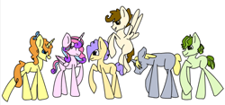 Size: 1244x582 | Tagged: safe, artist:minima221, imported from derpibooru, apple bud, cream puff, dipsy hooves, pound cake, princess flurry heart, pumpkin cake, alicorn, earth pony, pegasus, pony, unicorn, blank flank, eyes closed, female, flying, group, male, mare, older, older apple bud, older cream puff, older dipsy hooves, older flurry heart, older pound cake, older pumpkin cake, simple background, stallion, white background