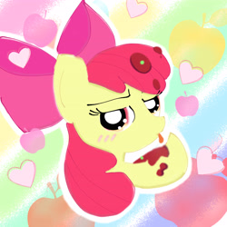 Size: 4096x4096 | Tagged: safe, artist:tiga mega, imported from derpibooru, apple bloom, earth pony, pony, somepony to watch over me, adorabloom, apple, behaving like a cat, blushing, cute, female, filly, foal, food, heart, licking, looking at you, pea, sauce, solo, tongue out