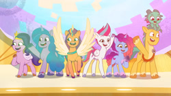 Size: 3072x1727 | Tagged: safe, imported from derpibooru, screencap, hitch trailblazer, izzy moonbow, pipp petals, sunny starscout, zipp storm, alicorn, dragon, earth pony, pegasus, pony, unicorn, spoiler:g5, spoiler:my little pony: tell your tale, spoiler:tyts01e59, applejack (g5), baby, baby dragon, female, fluttershy (g5), g5, male, mane five, mane six (g5), mare, misty brightdawn, moon festival, my little pony: tell your tale, open mouth, open smile, pinkie pie (g5), race swap, rainbow dash (g5), rarity (g5), rebirth misty, royal sisters (g5), siblings, sisters, smiling, sparky sparkeroni, spread wings, stallion, sunnycorn, twilight sparkle (g5), wings