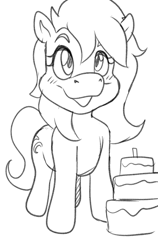 Size: 1457x2304 | Tagged: safe, artist:joykill, imported from derpibooru, oc, oc only, oc:jc, earth pony, pony, birthday, birthday cake, birthday gift, cake, earth pony oc, food, happy, happy birthday, monochrome, sketch