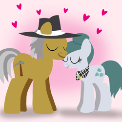 Size: 1400x1400 | Tagged: safe, artist:mlplary6, imported from derpibooru, cloudy quartz, igneous rock pie, earth pony, pony, eyes closed, female, hat, heart, husband and wife, love, male, mare, quartzrock, shipping, smiling, stallion, straight