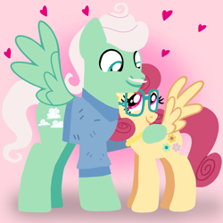 Size: 1400x1400 | Tagged: safe, artist:mlplary6, imported from derpibooru, gentle breeze, posey shy, pegasus, pony, clothes, female, glasses, heart, husband and wife, looking at each other, looking at someone, love, male, mare, shipping, shys, smiling, smiling at each other, stallion, straight