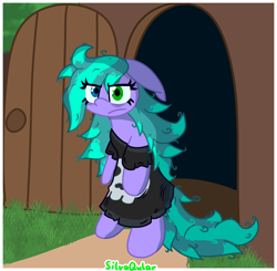 Size: 3723x3651 | Tagged: safe, artist:silvaqular, imported from derpibooru, oc, oc:cyanette, earth pony, pony, angry, clothes, door, doorframe, earth pony oc, evening, floppy ears, grumpy, heterochromia, house, long hair, long mane, long tail, outdoors, oversized clothes, oversized shirt, shirt, skull, sleepy, solo, tail, tired