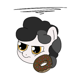 Size: 350x350 | Tagged: safe, artist:hach, oc, oc only, oc:pon-pushka, earth pony, pony, annoyed, bags under eyes, cheek squish, donut, food, grumpy, male, pon-pushka, simple background, solo, squishy cheeks, stallion, white background