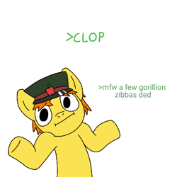 Size: 400x400 | Tagged: safe, artist:hach, oc, oc only, oc:war the criminal, earth pony, pony, 4chan, >clop, cap, greentext, hat, implied genocide, looking at you, male, shrug, shrugpony, simple background, solo, stallion, text, white background