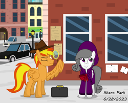 Size: 9000x7237 | Tagged: safe, artist:creedyboy124, imported from derpibooru, oc, oc only, oc:firey ratchet, oc:oliver spade, pegasus, briefcase, building, car, clothes, detective, fedora, hat, magnifying glass, streetlight, trenchcoat