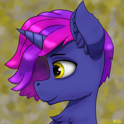 Size: 2048x2048 | Tagged: safe, artist:gantarts, imported from derpibooru, oc, oc only, oc:vesper glass, pony, unicorn, abstract background, bust, high res, horn, male, portrait, simple background, smiling, solo, unicorn oc, yellow background, yellow eyes