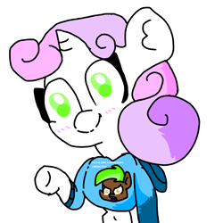 Size: 4096x4096 | Tagged: safe, artist:sweetsterty, imported from derpibooru, button mash, sweetie belle, pony, semi-anthro, unicorn, belly button, breasts, busty sweetie belle, clothes, female, filly, foal, hoodie, minecraft, raised hoof, smiling, solo, solo female