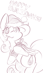 Size: 1250x2100 | Tagged: safe, artist:dshou, imported from derpibooru, oc, oc only, pegasus, pony, bipedal, bottle, christmas, commission, happy holidays, hat, holding, holiday, looking at you, monochrome, open mouth, santa hat, sketch, smiling, solo, wine bottle